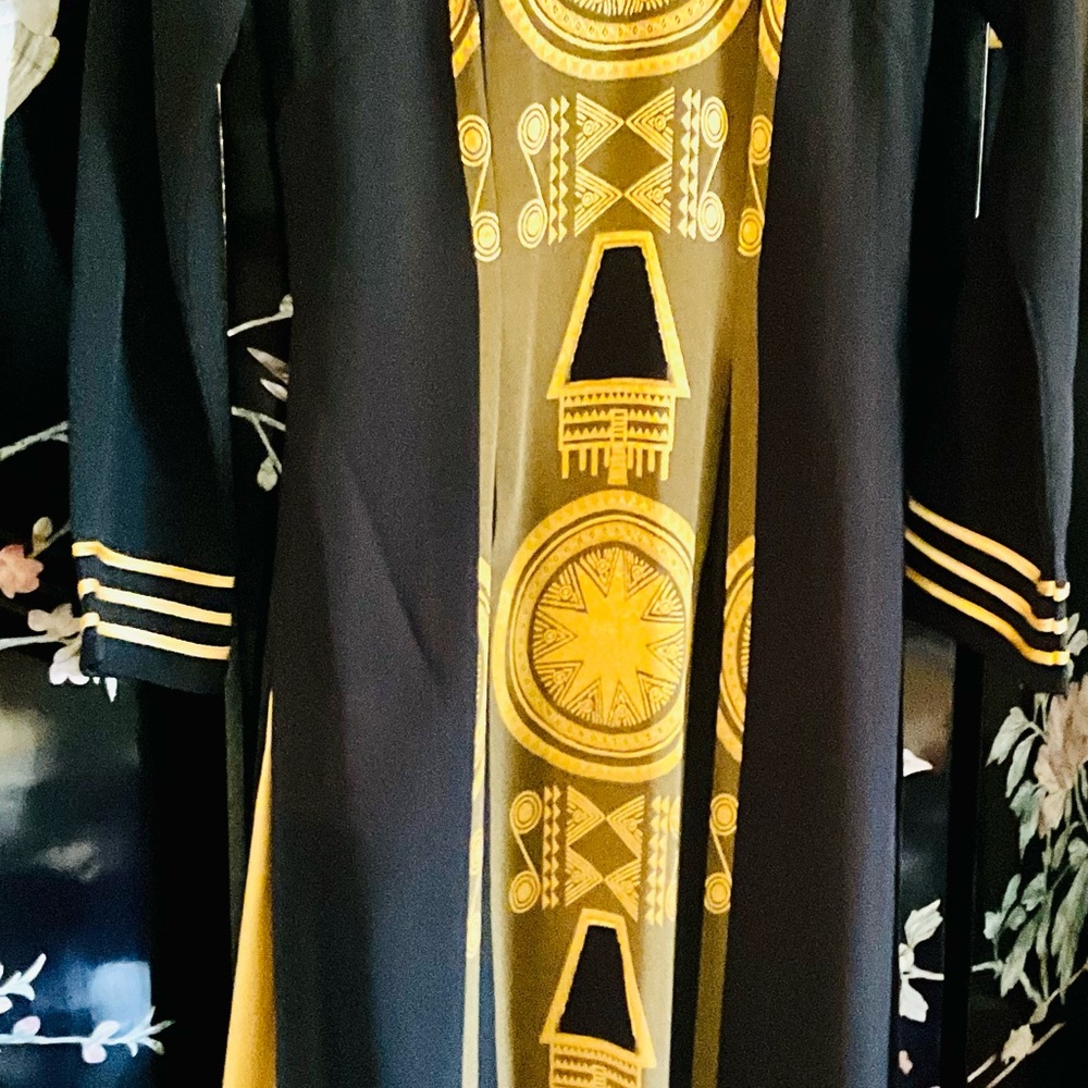 Beautiful 100% silk black with gold design top with slit and gold pants